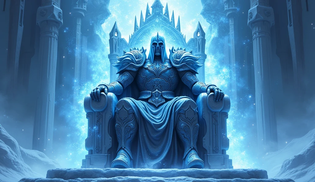 lich king Arthas sitting on frozen throne, frost magic around him, ray tracing, retina, masterpiece, super detail, 16k, award winning