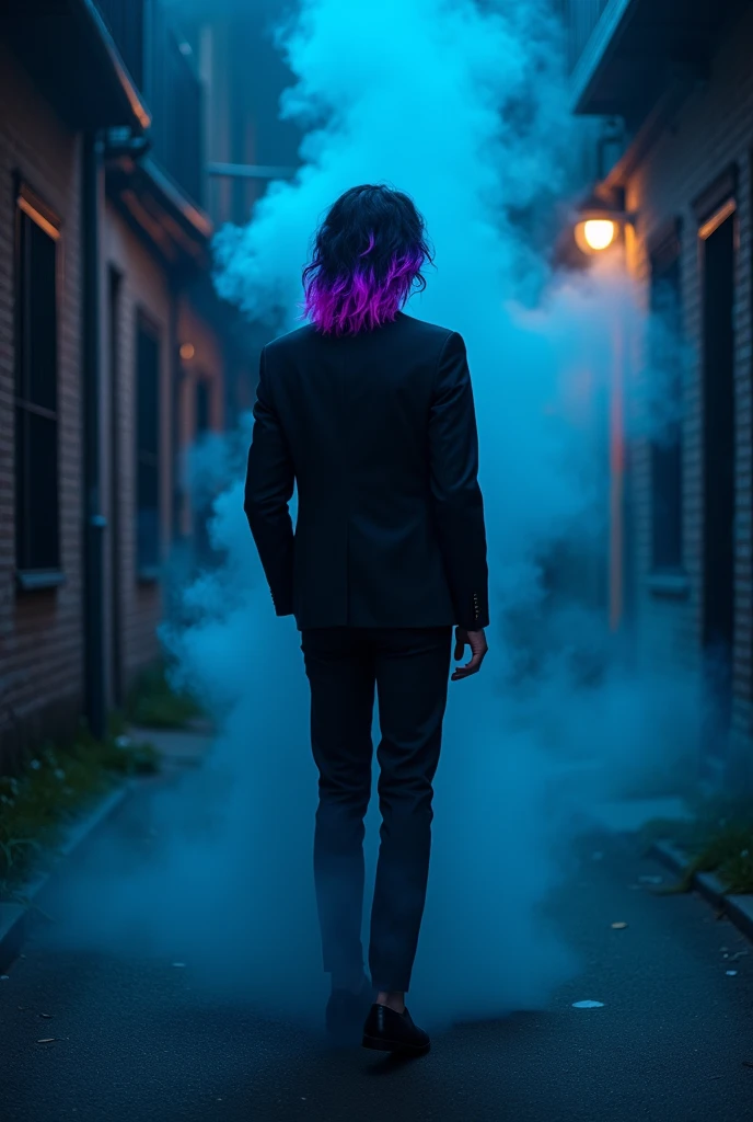 a tall, thin man wearing a suit,black hair, black eyes with neon purple streaks in a dark place with blue smoke