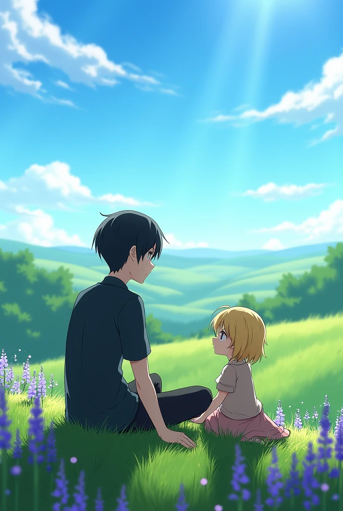 Create an image of a male anime character with black hair sitting on the grass, next to a blonde of the same age, Sitting with his back to the viewer and thoughtful, with purple flowers around and with a beautiful landscape around in 1080 x 1920 high definition