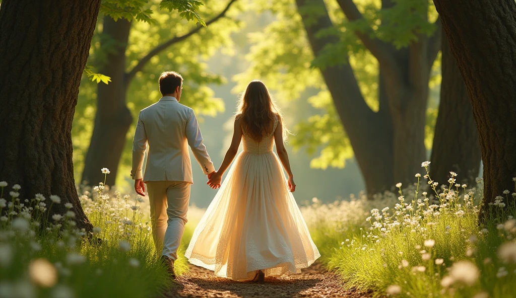 The princess and the prince are walking through the forest. The princess's dress is simple but very beautiful
