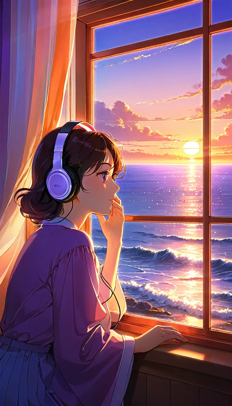 The window frame is large and a white curtain billows in the wind, a retro room.,She gazes out the window, her chin resting on her hand., Outside the window, a calm sea stretches out, Put on big headphones.The sunset glows in hues of orange and purple, The setting sun cast a beautiful glow on her face,Nostalgic Landscape, An atmosphere reminiscent of Makoto Shinkai's work,