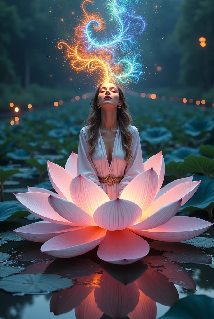 Woman sitting on a lotus flower with colorful fractals coming out of her mouth