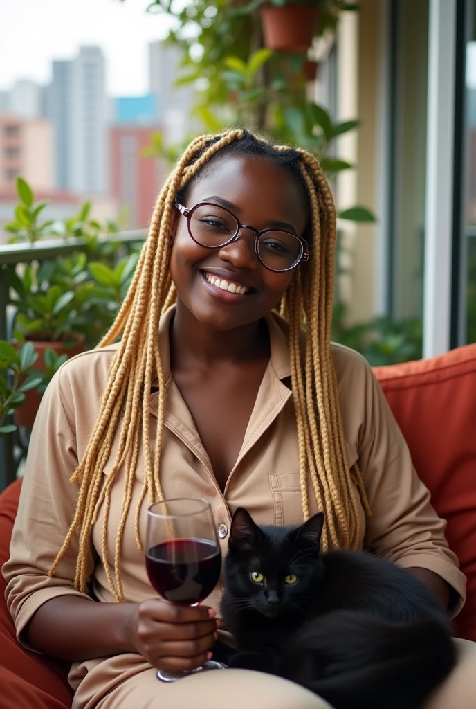 A Black woman with a slightly rounder face, sporting blonde almost white box braids and clear-framed glasses, and a more voluptuous body, lives alone in an apartment with a balcony in Sao Paulo with a black kitten, wearing comfortable pajamas and holding a glass of wine.