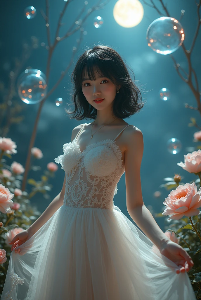 A magical night。Surrounded by soap bubbles, flowers, and gears。Sheer dress that hides the elegant white skin。Medium Hair。Side hair is layered、The bangs are straight and reach the eyes。
Kyoko Fukada、Japanese face。
A gentle gaze。
The head is thick and short。She has big breasts。Arms are thick。thighs are thick。Selfish Body。155cm80kg
5 heads tall
Thin, raised eyebrows、Sharp down-turned eyes、Smiling with outstretched arms and calling
