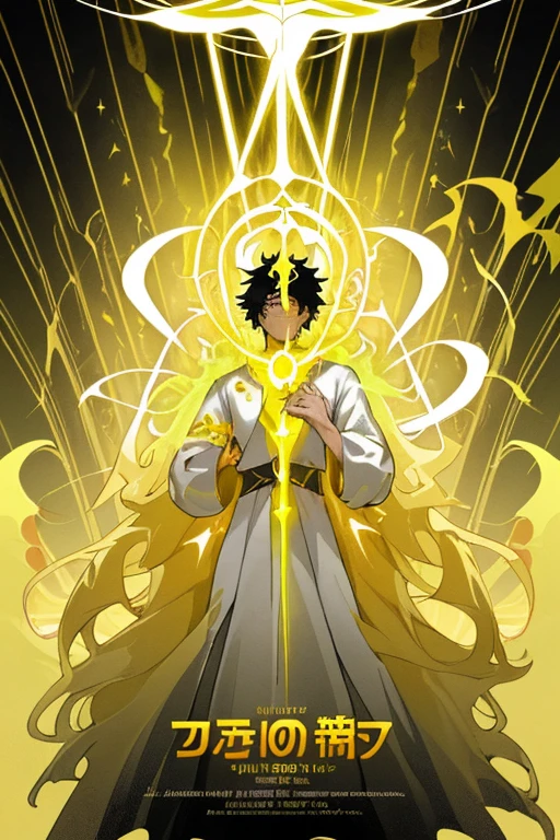 (Best quality, movie poster style), n
"Series name: Aura god", World, where every person has an aura. Our hero will have yellow color, yellow and white aura... He will be dressed like the divine, with black hair. Our hero is indoors, where you can see the throne. Our hero is a man: 1.2), The perfect combination of elements.