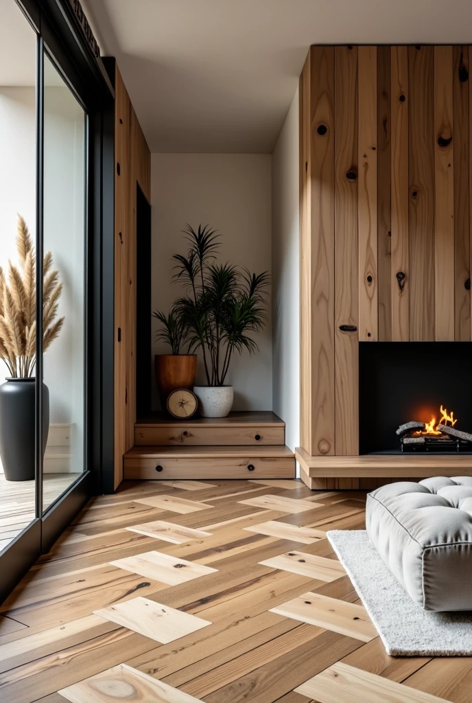 Design a cozy and modern living space with a rustic touch. The room features a beautiful herringbone-patterned wooden floor that adds warmth and texture. A sleek black sliding barn door with diagonal wood paneling serves as a striking focal point, contrasting with the light walls and earthy tones. The space is accessorized with natural elements, such as a black vase filled with pampas grass, which complements the wooden furniture and adds a soft, organic touch. The fireplace, encased in a modern black frame, is surrounded by a wooden mantel that ties in with the floor and cabinetry, creating a seamless and inviting atmosphere. Greenery is strategically placed to bring life into the room, balancing the earthy and modern elements. The overall design exudes a sense of warmth and sophistication, blending rustic and contemporary styles effortlessly.