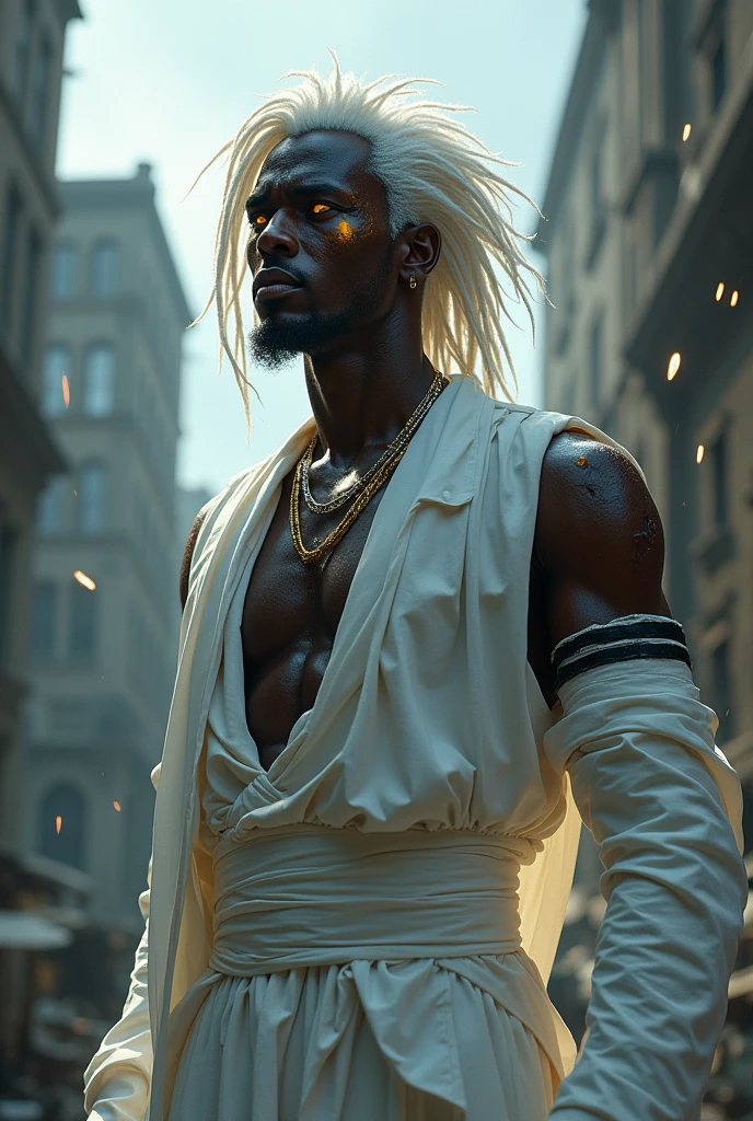 A black male character with white hair and golden pupils wearing white clothes with black details , but he is injured