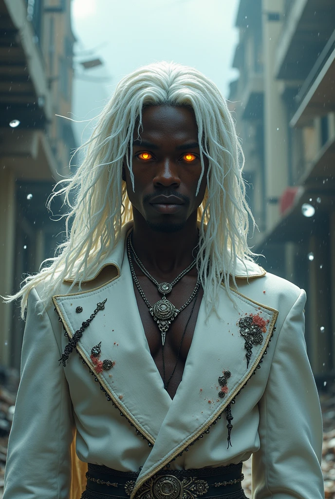 A black male character with white hair and golden pupils wearing white clothes with black details , but he is injured