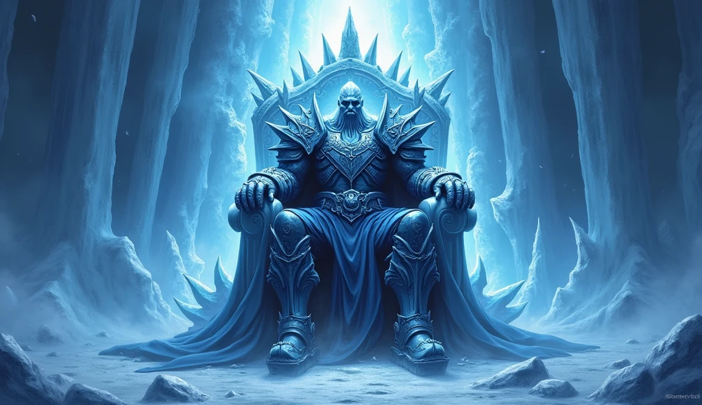 world of warcraft lich king Arthas sitting on frozen throne, frost magic around him, ray tracing, retina, masterpiece, super detail, 16k, award winning