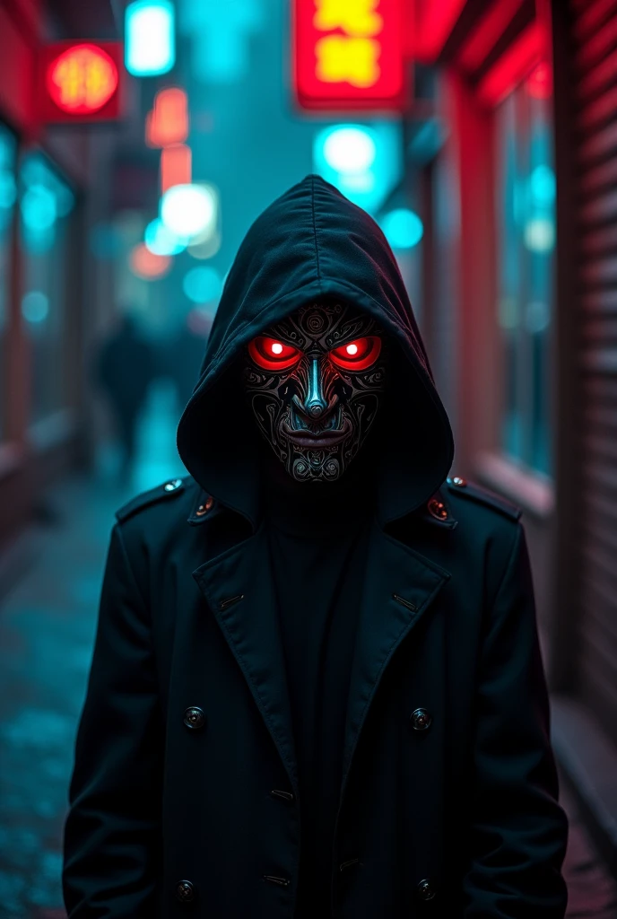 Someone with red eyes and a mask covering their mouth.
