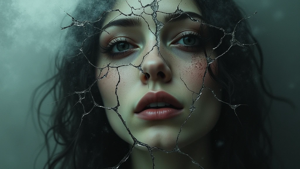 An abstract and haunting album cover that uses a shattered mirror as the central metaphor to represent the loss and fragmentation caused by addiction. The cover features a large, cracked mirror at the center, with each fragmented shard reflecting different pieces of a feminine figure’s face and body. Some shards show her eyes, others her hands, and some only reveal empty, dark voids, symbolizing the parts of herself that have been lost. The reflections are distorted and blurred, conveying the confusion and chaos of her internal struggle. Surrounding the mirror, a dark, misty atmosphere creates a sense of isolation and despair. The cracks in the mirror glow faintly with a dim, ember-like light, hinting at the 'lost fire' that once was, now barely visible. The background is a deep, shadowy blend of grays and blacks, with faint, ghostly images of past memories fading into the darkness. The overall effect is one of fragmentation and loss, visually representing the emotional and psychological toll of addiction.