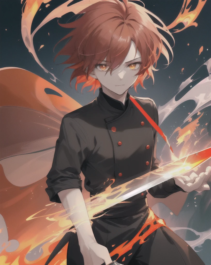 23-year-old male, 180cm tall, androgynous beauty, sharp golden eyes, short messy flame-red hair with a single vibrant red streak, medium build, ethereal appearance, wearing a disheveled black dress shirt with rolled-up sleeves, black skinny pants, holding a chef's knife surrounded by magical flames, sword master, various floating cooking utensils emitting sparks and embers, large orange paper umbrella behind head creating a halo effect, twilight sky background, reflective water surface, detailed anime style illustration, intense expression with slight smile, hidden power aura, culinary magic theme, fire and sparks swirling around the character