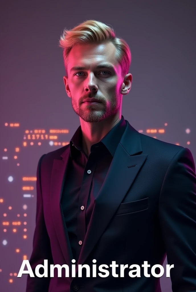 A serious image representing a handsome blonde male persona who is a technology administrator., with predominant shades of purple and gray and a little orange. Write primarily at the bottom of the image "Administrator". The image should strongly evoke the tech world..
