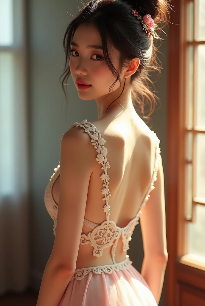 High resolution, Adult female , Good lighting, virile, , (No nudity), (((China dress))), (()), ((())), (garter belt), Abdominal area only, (),  ,  Cute face, I&#39;blush with embarrassment, Humiliating, ((Looking Back)), ((See-through))()(Thong)(A lot of stuff is attached to the body,)