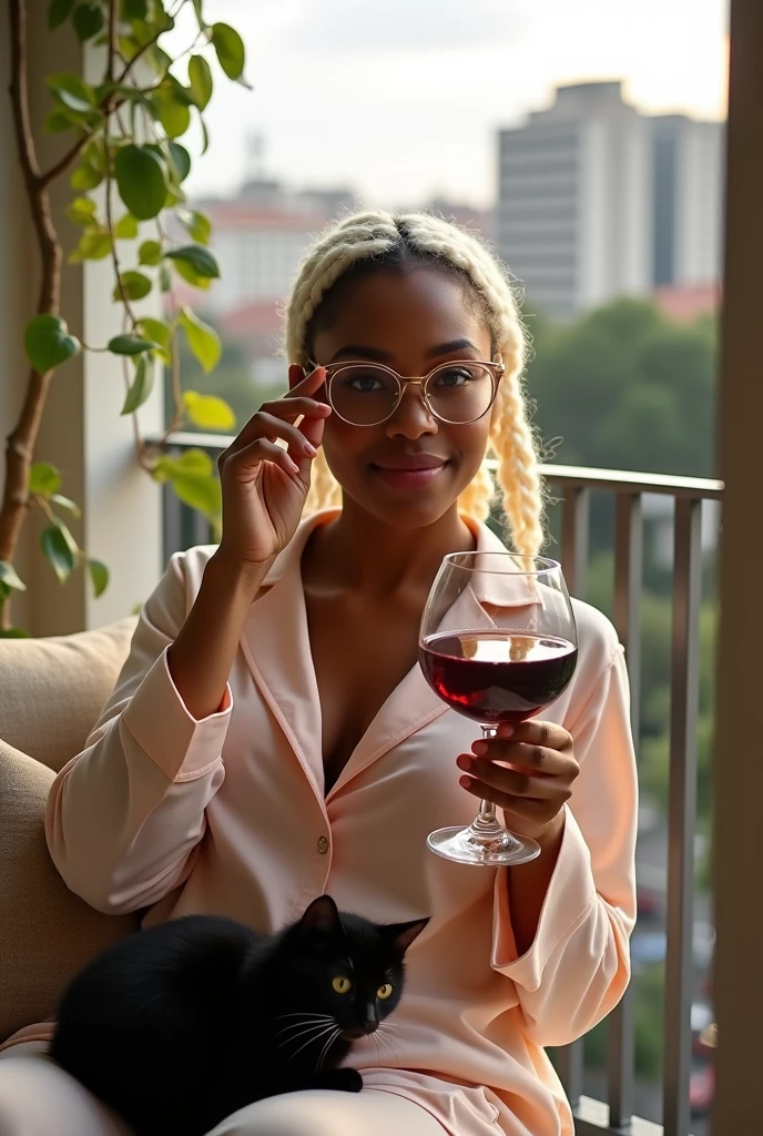 A Black woman with a slightly rounder face, sporting blonde almost white box braids and clear-framed glasses, and a more voluptuous body, lives alone in an apartment with a balcony in Sao Paulo with a black kitten, wearing comfortable pajamas and holding a glass of wine.