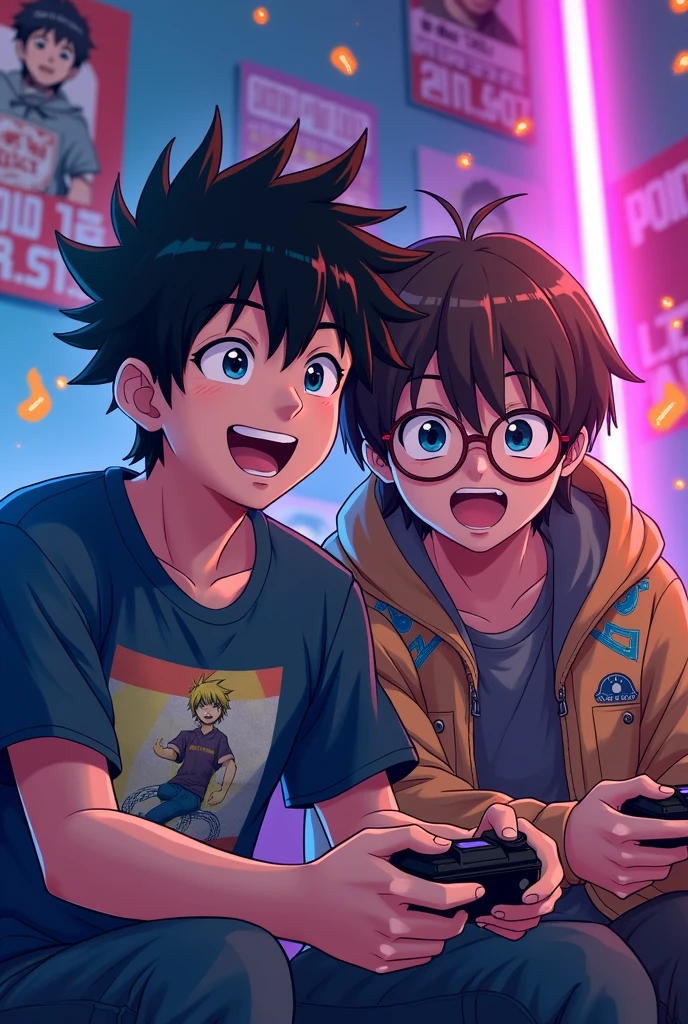 2 cousins hommes l'un d'eux avec une manette et l'autre avec une lunette, version anime stylé