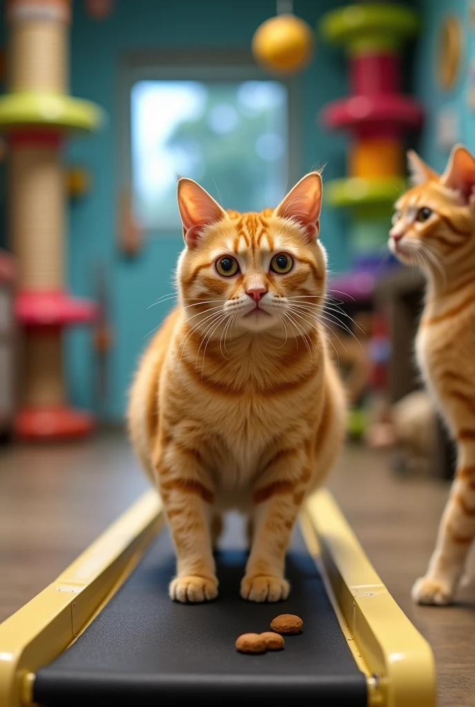 Chubby orange cat Determined to help Whiskers shed some pounds, Lisa decides to take him to a local pet gym designed for cats. The gym is filled with climbing structures, treadmills, and toys. Whiskers, hesitant and unsure, is placed on a small treadmill. He walks slowly, panting slightly as he adjusts to the new activity. The gym trainer encourages him with treats (low-calorie ones, of course), and Whiskers, though not thrilled, takes the first step towards his new routine.