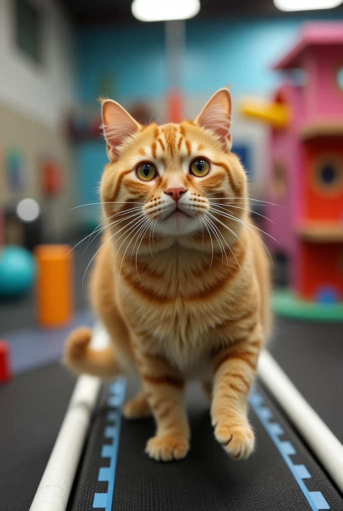Chubby orange cat Determined to help Whiskers shed some pounds, Lisa decides to take him to a local pet gym designed for cats. The gym is filled with climbing structures, treadmills, and toys. Whiskers, hesitant and unsure, is placed on a small treadmill. He walks slowly, panting slightly as he adjusts to the new activity. The gym trainer encourages him with treats (low-calorie ones, of course), and Whiskers, though not thrilled, takes the first step towards his new routine.