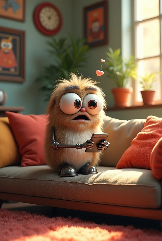 The Instagram app looks like a person with big, round eyes, short iron legs, and arms., He's sitting on the couch, mouth agape, staring at the phone in his hand