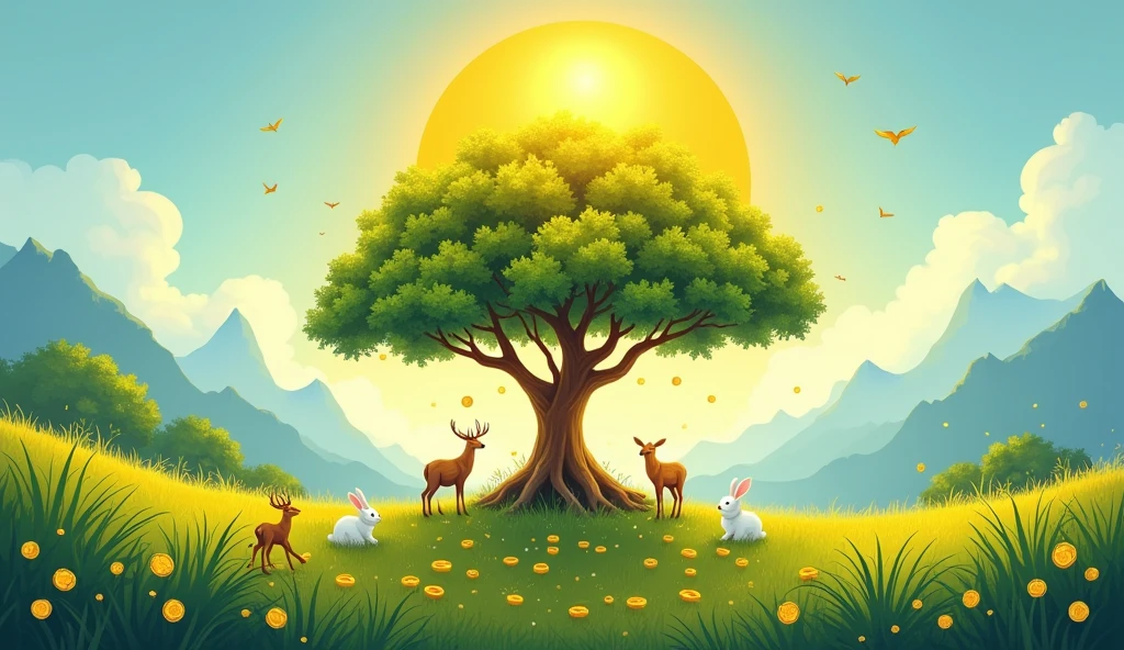 A vibrant vector art wall painting in landscape orientation. The scene features a 2D-shaped 'Kalpa Vriksha' as the central focus, with the sun well above the tree, casting a warm glow. Small gold coins are gently falling from the tree, adding a mystical touch. The surrounding area includes lush green grass with small animals like deer and white rabbits near the Kalpa Vriksha. The sky is a soft blue morning hue with a few birds flying. The colors are vibrant and designed to match yellow color palletes.