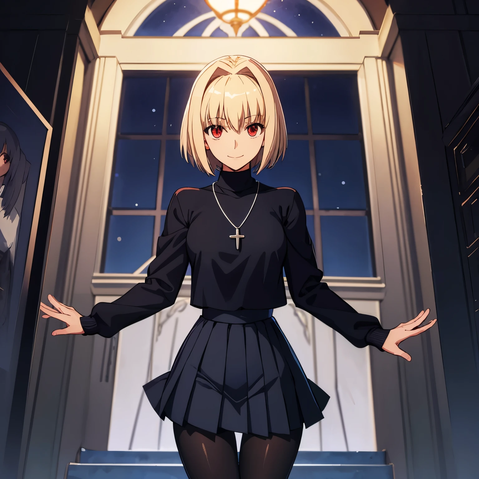 Arcueid \(tsukihime\), Black Pantyhose, Blue pleated skirt,chest, Chain Necklaces \(Arcueid\),smile, alone, Are standing, White long-sleeved turtleneck white sweater, Tight clothes, Thigh Gap, Mouth closed,Blonde,Red Eye,