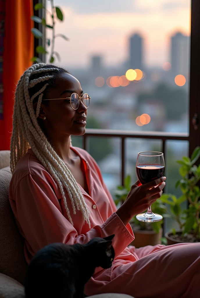 A black woman with a slightly rounder face with light blonde, almost white, braided hair and transparent framed glasses living alone in an apartment in Sao Paulo with a black kitten wearing comfortable pajamas and a glass of wine.