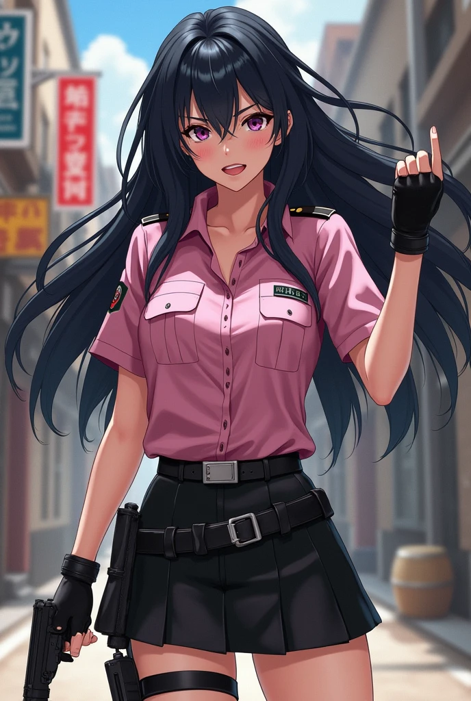 Dynamic composition,((masterpiece, Highest quality)), (Extremely rich facial detail, Realistic white skin, Realistic body, Intricate details), Special Effects Heroine Transformation bracelet on your wrist Pink-themed uniform,Casual police style. ,Fighting Pose, Black Leather Mini Skirt Japanese Black long hair anger Back alleys of slums black fingerless gloves Anime illustration, Realistic, oil Sharp Eyes holster