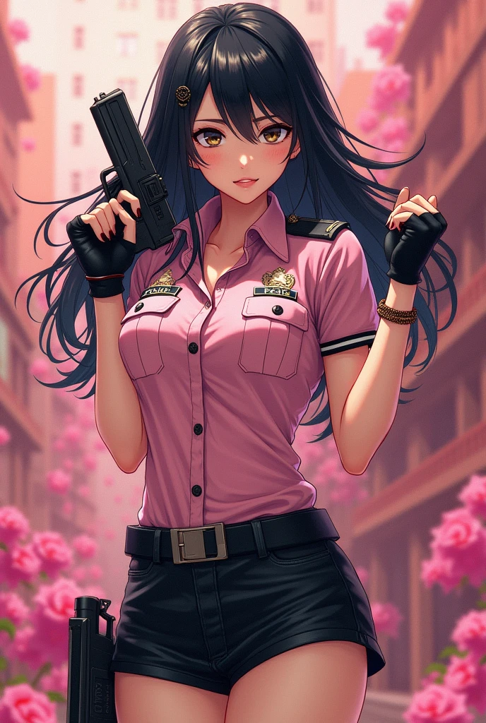 Dynamic composition,((masterpiece, Highest quality)), (Extremely rich facial detail, Realistic white skin, Realistic body, Intricate details), Special Effects Heroine Transformation bracelet on your wrist Pink-themed uniform,Casual police style. ,Fighting Pose, Black Leather Mini Skirt Japanese Black long hair anger Back alleys of slums black fingerless gloves Anime illustration, Realistic, oil Sharp Eyes holster