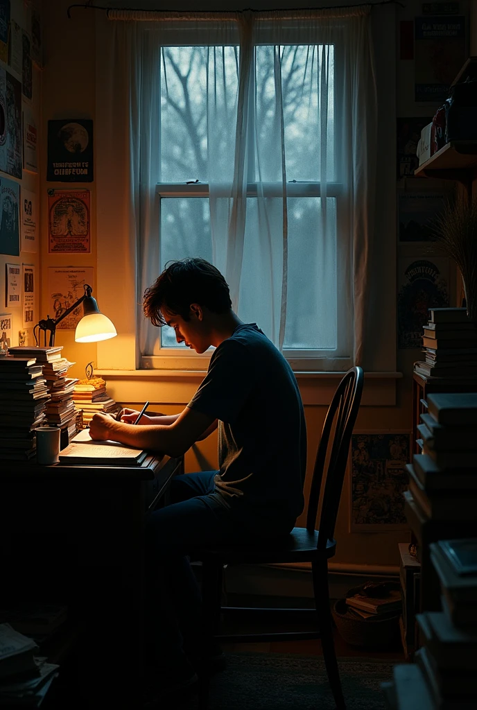 Lonely young man, writing in his room