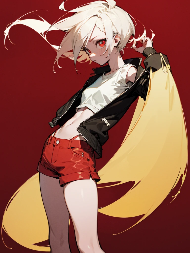 (masterpiece, best quality:1.6), solo, thick outline, (simple background, dark red background, monochrome, dark red theme:1.2), official art, key visual, 8k, absurdres, full body, (unique hair, punks jacket, hotpants, arch back, short torso:1.2), navel, thighs, cowboy shot, HDR, sharp focus, highres, highest detailed, extreme detailed, ultra detailed, finely detail, detailed eyes and face, sharp pupils, realistic pupils, red eye, white short hair, white shirt