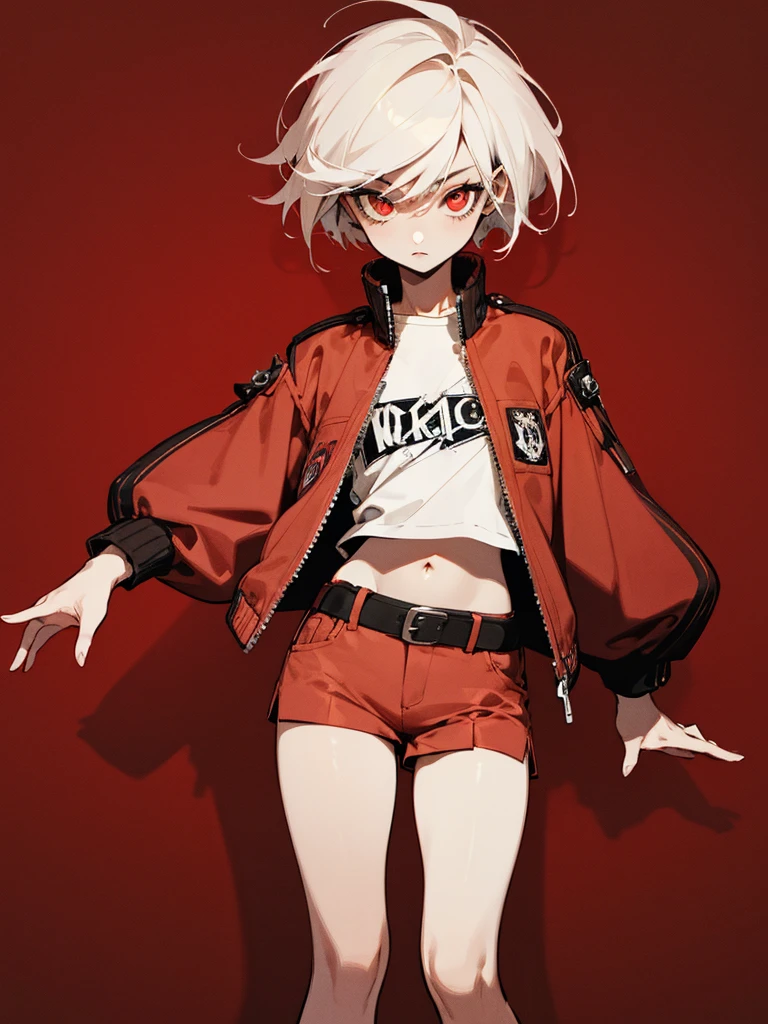 (masterpiece, best quality:1.6), solo, thick outline, (simple background, dark red background, monochrome, dark red theme:1.2), official art, key visual, 8k, absurdres, full body, (unique hair, punks jacket, hotpants, arch back, short torso:1.2), navel, thighs, cowboy shot, HDR, sharp focus, highres, highest detailed, extreme detailed, ultra detailed, finely detail, detailed eyes and face, sharp pupils, realistic pupils, red eye, white short hair, white shirt