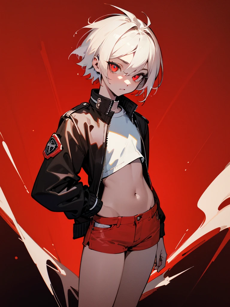 (masterpiece, best quality:1.6), solo, thick outline, (simple background, dark red background, monochrome, dark red theme:1.2), official art, key visual, 8k, absurdres, full body, (unique hair, punks jacket, hotpants, arch back, short torso:1.2), navel, thighs, cowboy shot, HDR, sharp focus, highres, highest detailed, extreme detailed, ultra detailed, finely detail, detailed eyes and face, sharp pupils, realistic pupils, red eye, white short hair, white shirt