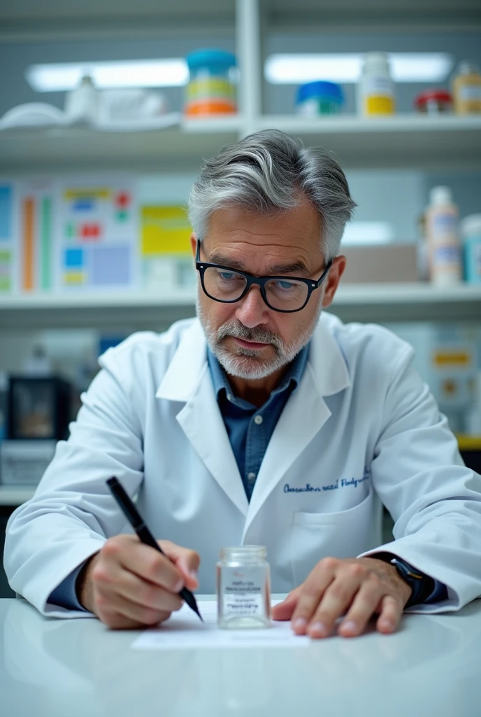 Person writing personal data on a small plastic cylindrical jar for collecting stool for analysis 