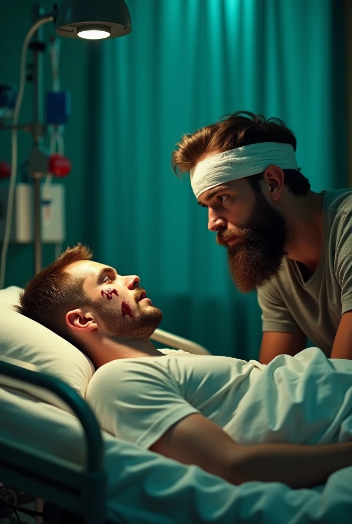 Young Man with injurys on stretcher in hospital talking with another injured beard man on stretcher 