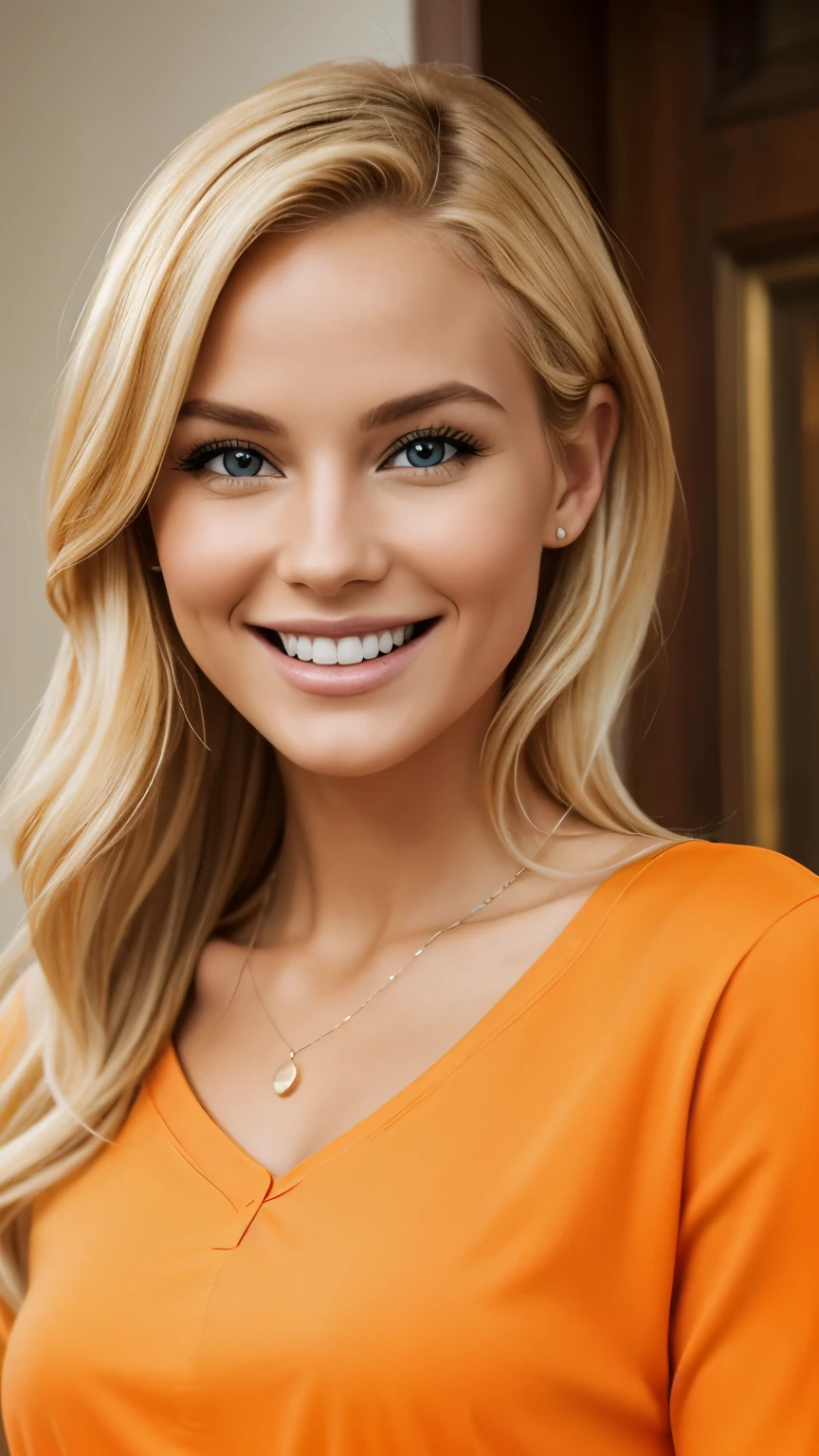 (Better image quality) a beautiful blonde woman smiling ;in orange clothes ;very realistic image.