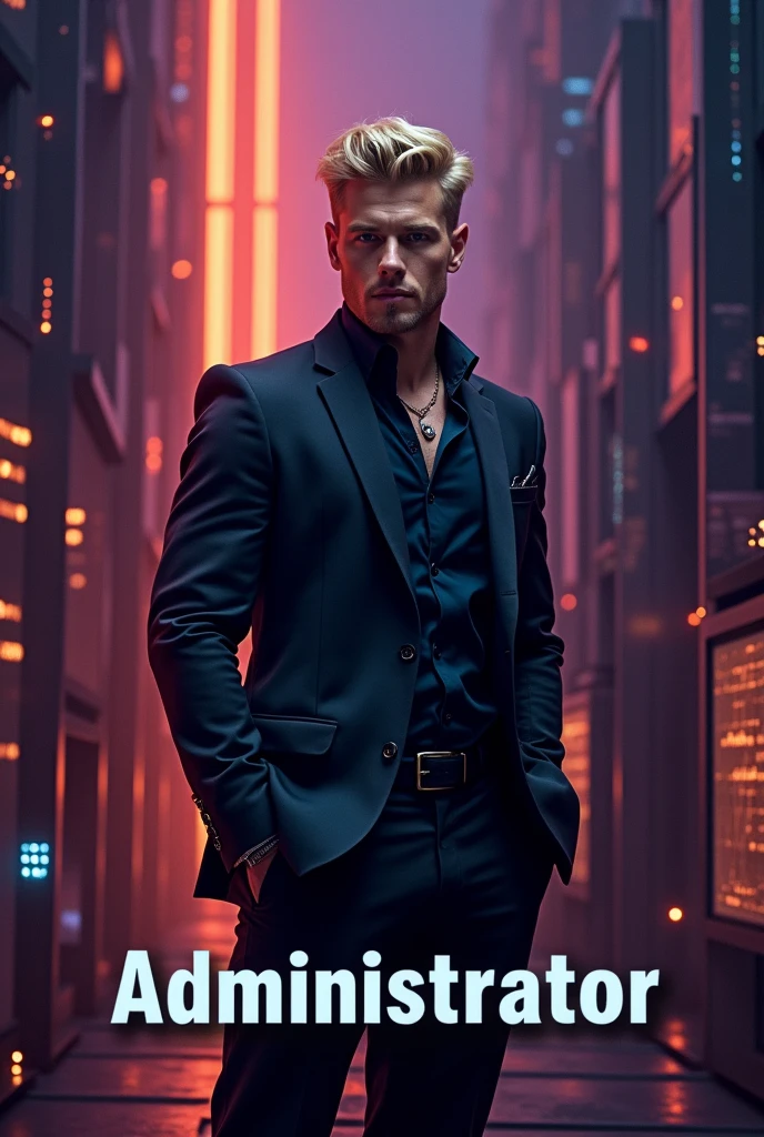 A serious image representing a handsome blonde male persona who is a technology administrator., with predominant shades of purple and gray and a little orange. Write primarily at the bottom of the image "Administrator". The image should strongly evoke the tech world..