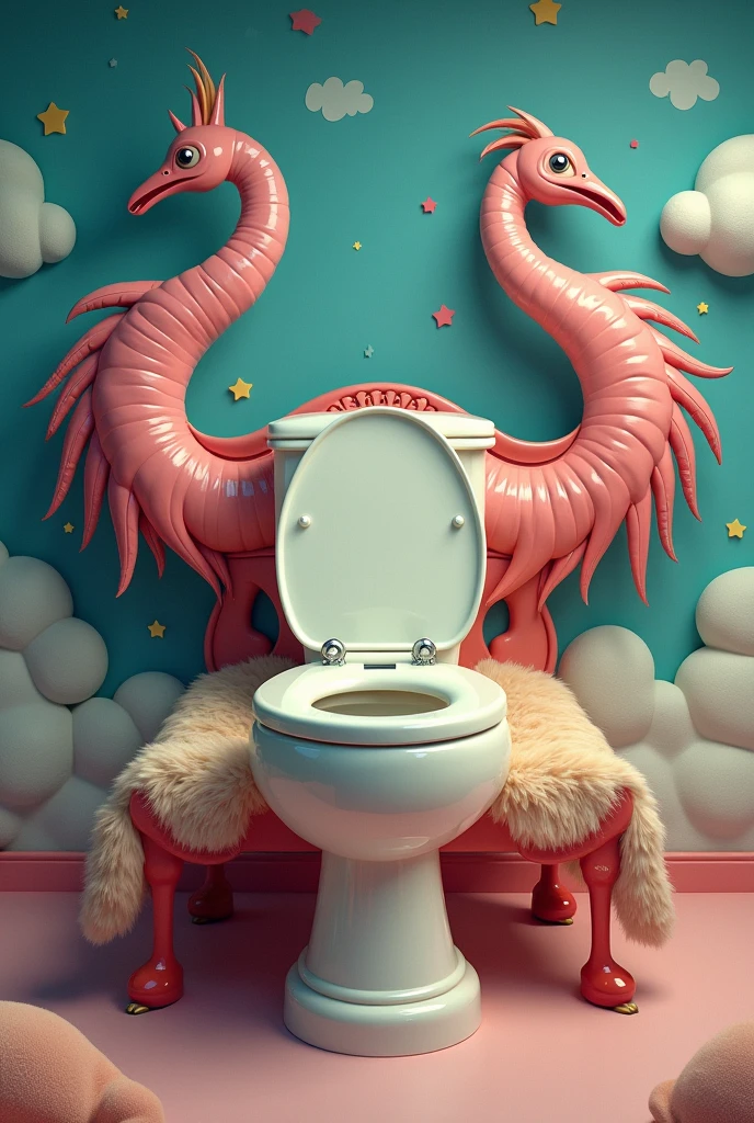 Create a bed with horse legs, ostrich wings and a skibidi toilet head