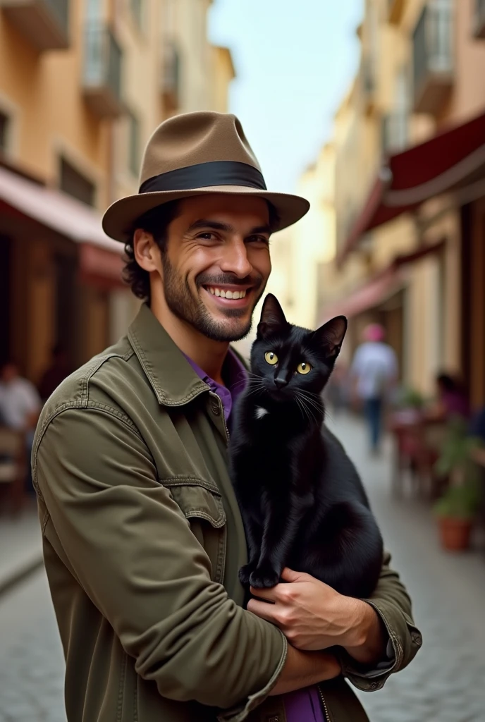 Samy seghir portant un chat sur son epaule avec un chapeau sur la tête 