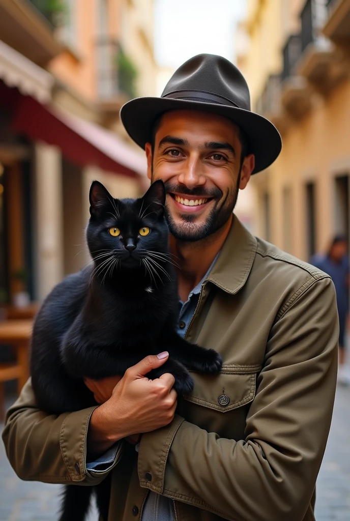 Samy seghir portant un chat sur son epaule avec un chapeau sur la tête