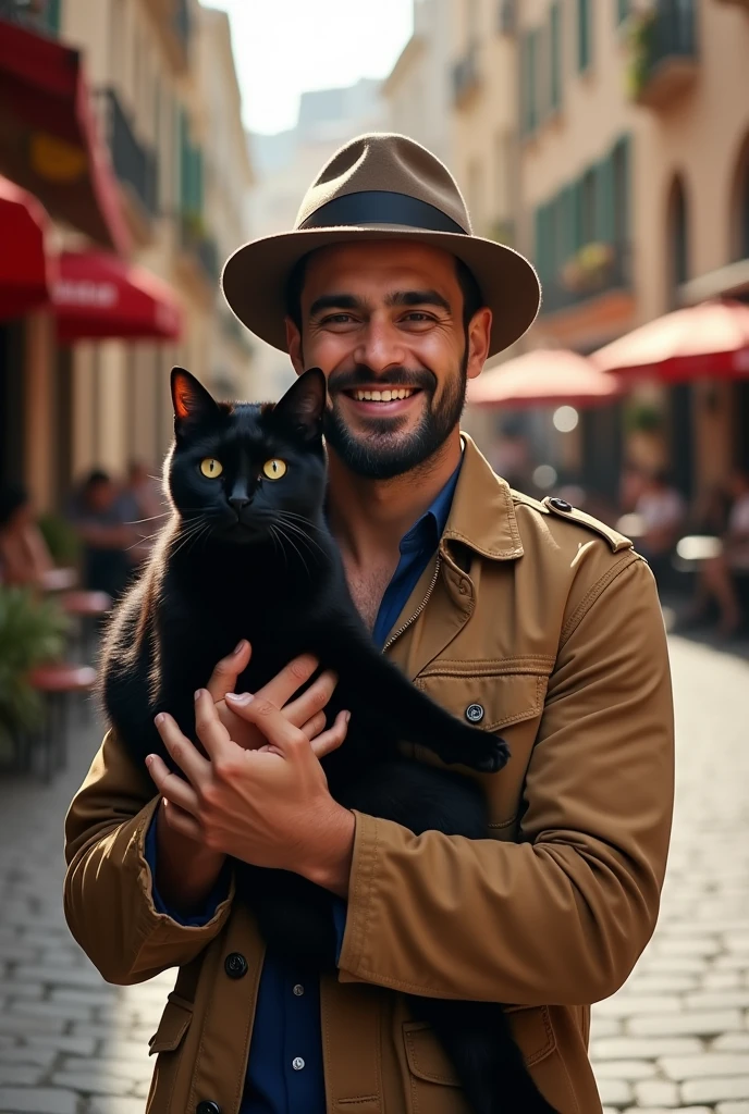 Samy seghir portant un chat sur son epaule avec un chapeau sur la tête 