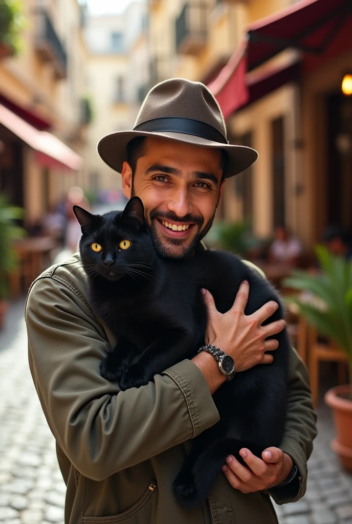 Samy seghir portant un chat sur son epaule avec un chapeau sur la tête