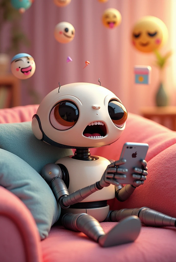 Instagram ko'rinishida katta qong'ir ko'zlari kalta temir oyoqlari va qollari, He's sitting on the couch, mouth agape, staring at the phone in his hand