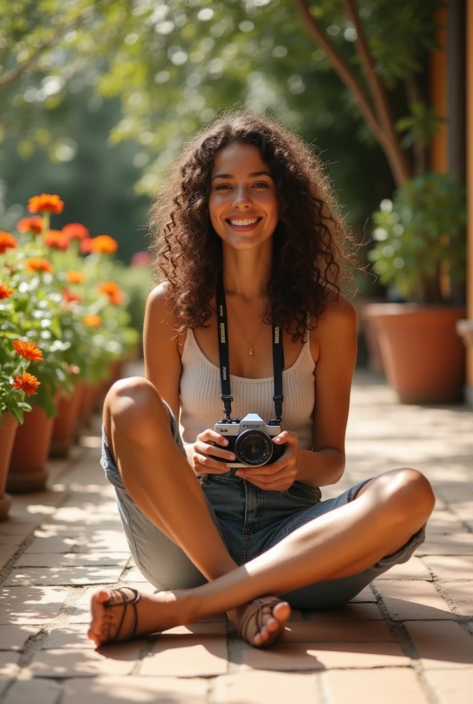 A brunette girl with curly hair and big breasts sits with her legs stretched out, taking a realistic photo