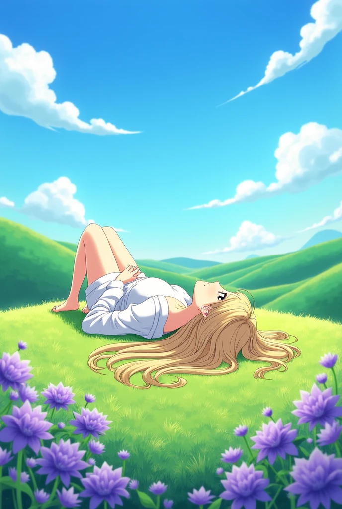 Illustration of a naked anime woman with blonde hair sleeping alone in an endless flower fields at night, exposed private parts, limp, protruding buttocks.