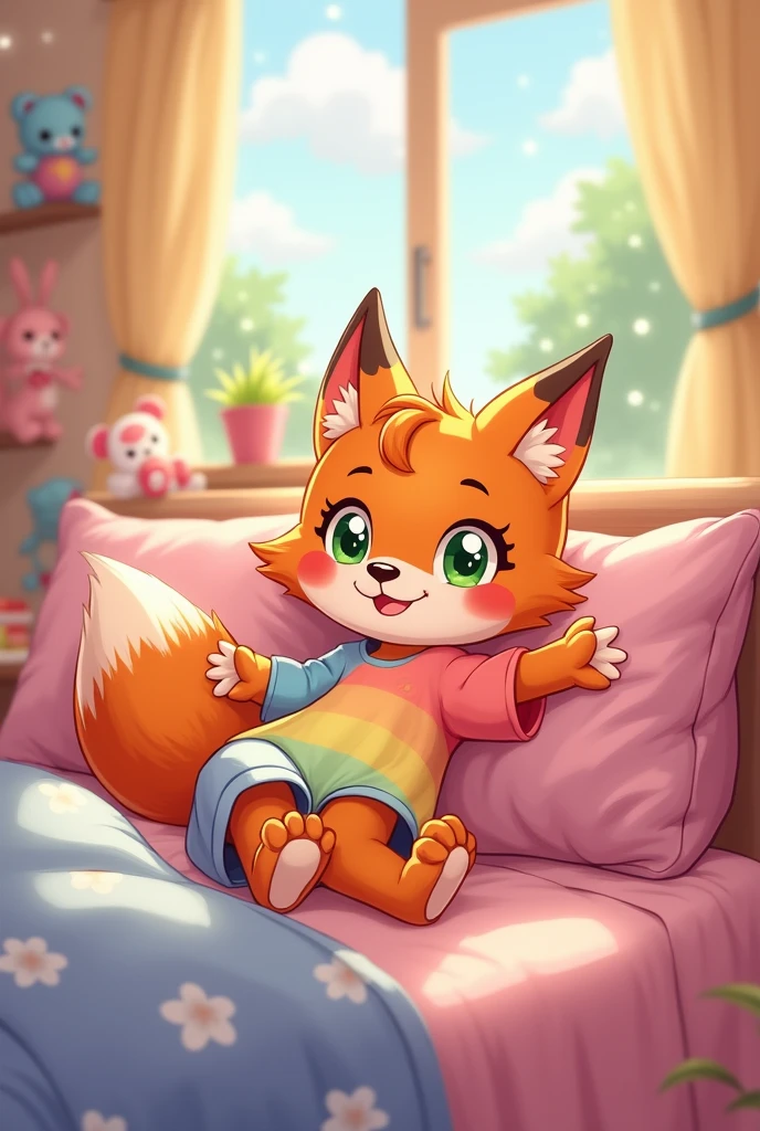 ((masterpiece,best quality)),(1boy anrtho fox, furry, male),beautiful detailed eyes,colorful, vivid color, messy room, stuffed animals, toy, pillows, blanket, cushion

