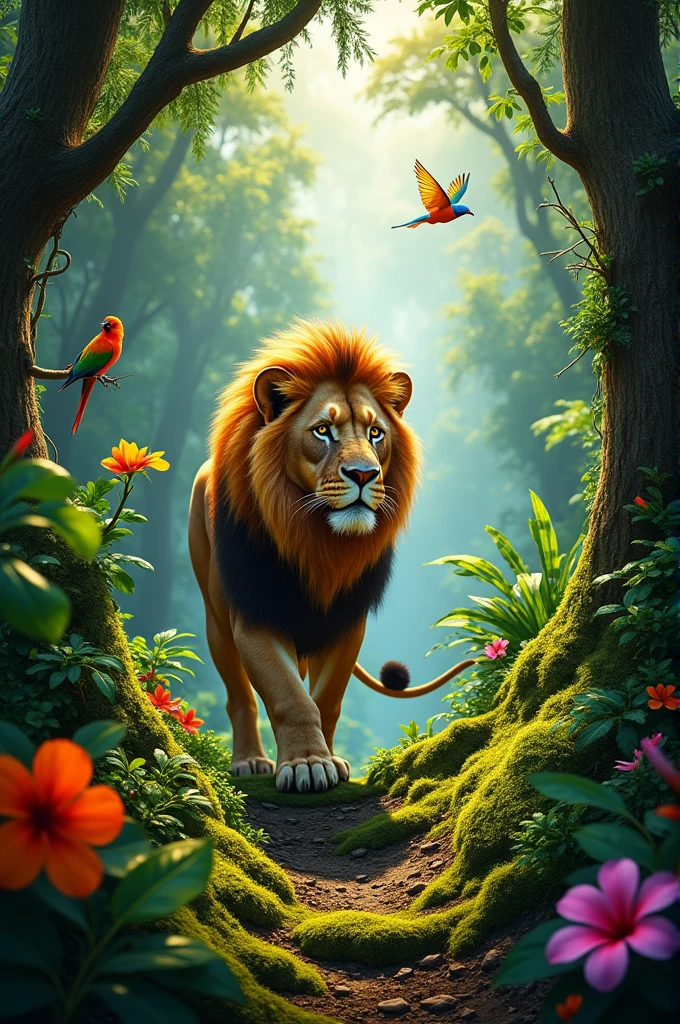 A lion is in the jungle