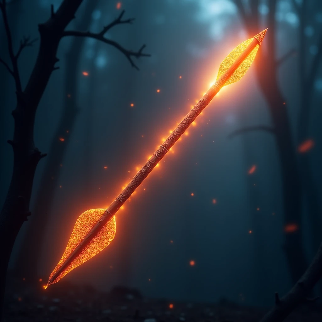 hyperrealistic, a long bow arrow, brimming with orange energy, floating in the air, lighting up the darkness