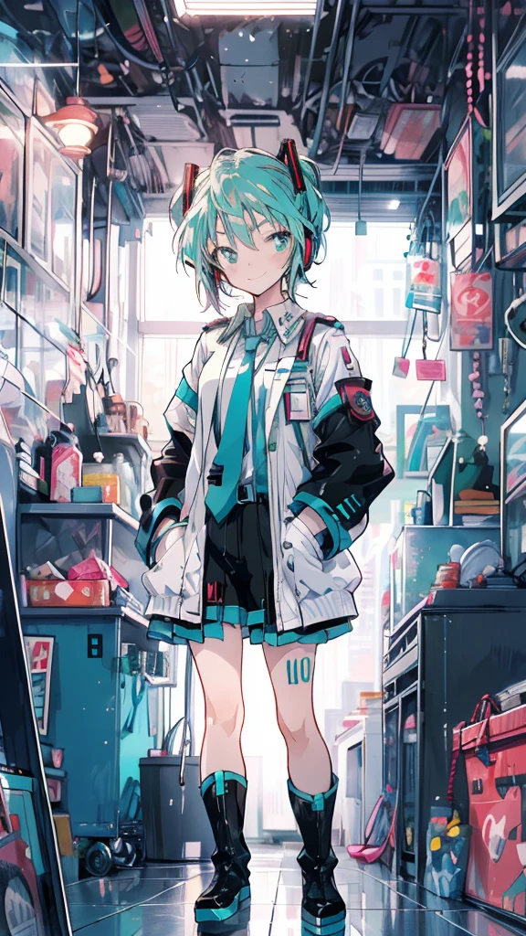 masterpiece,colorful,The best quality at its best,solo,One girl,boots,Green Eyes,High resolution,View your viewers,Stand on your own two feet,White coat,(uniform:1.3),Put your hands in your pockets, 長い青い髪と白いシャツと黒いスカートを着たAnime***, hatsune miku, Portrait of hatsune miku, hatsune miku short hair, Vocaloid, Hatsune Miku portrait, friend, Mikudayo, 青緑色の髪のAnime, hatsune miku cosplay, Hatsune Miku's Face, Animeスタイル4 K, Anime, 魅力的なAnime