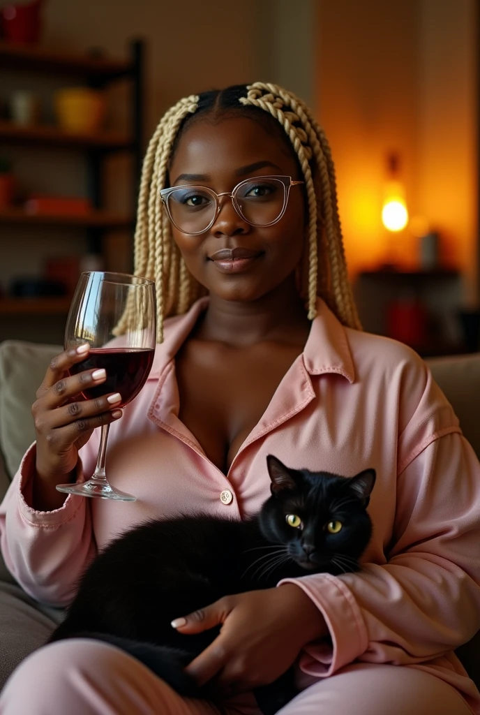 A black woman with a slightly rounder face, sporting light blonde, almost white box braids, wearing transparent-framed glasses, and with a more voluptuous body, living alone in an apartment in São Paulo with a black kitten, wearing comfortable pajamas, and holding a glass of wine.