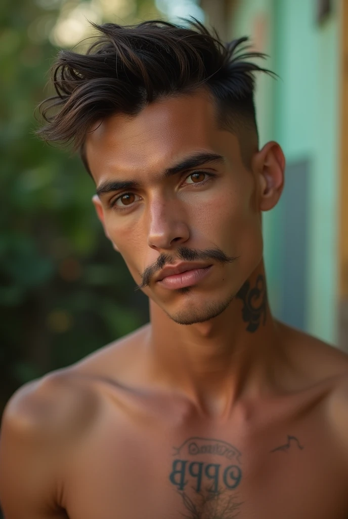 Sensual photo of a skinny guy with a thin mustache , hair styled with gel back, Light brown eyes, He is in a backyard in the favela , he is naked, He is looking sensually at the camera, homem gay sensual , have a tattoo ( 1992 ) in the neck